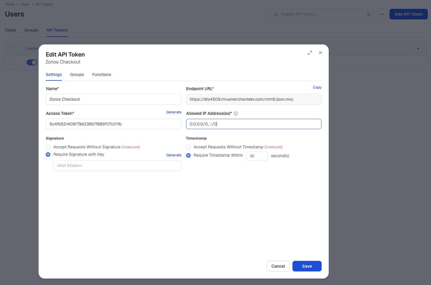 Create API Token screen in Miva admin